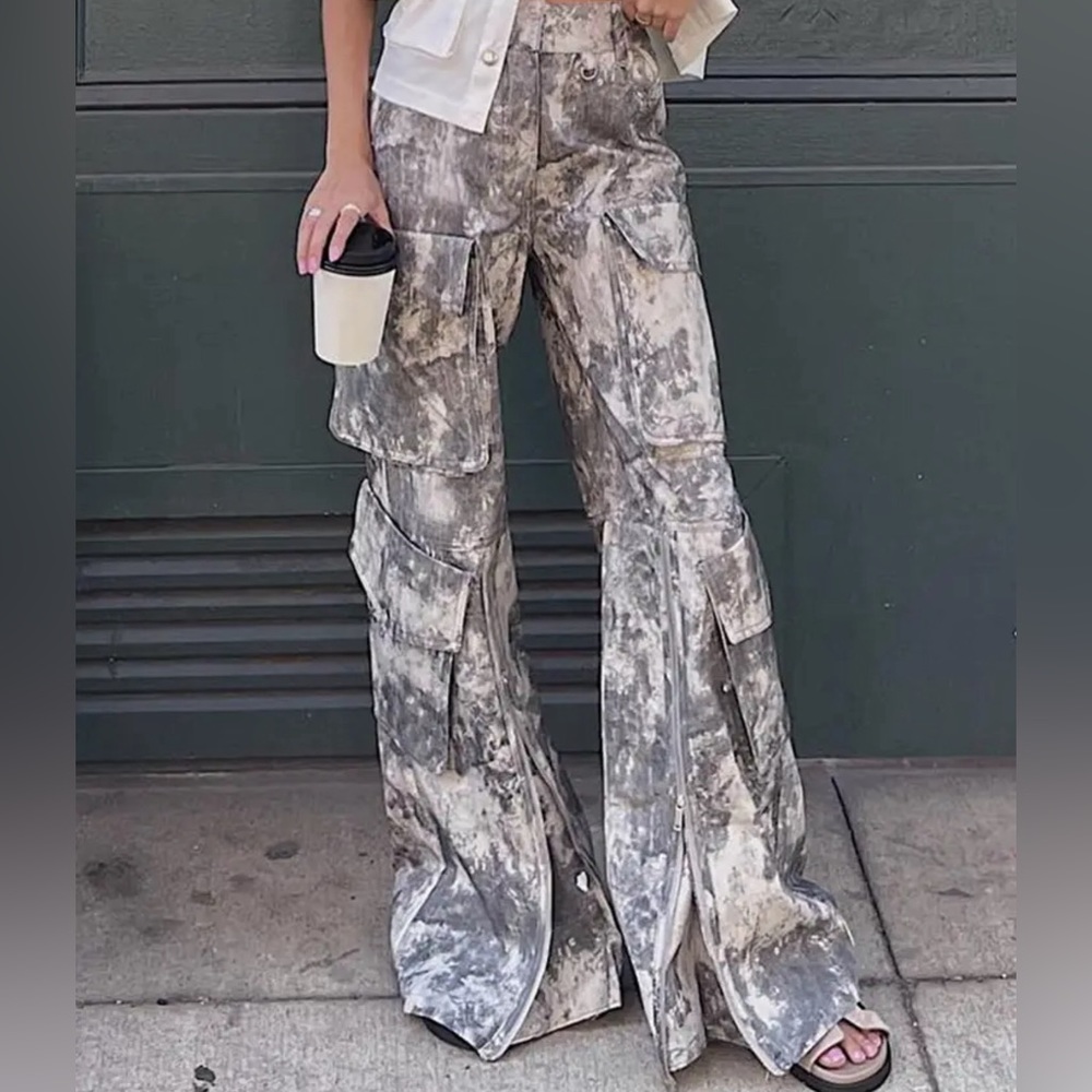 Multi Grey Euro Print With Pockets High Waisted Cargo Pants